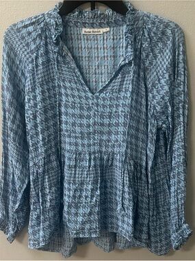 Roller Rabbit Blue Houndstooth Ruffle Peasant Boho Blouse Top Small